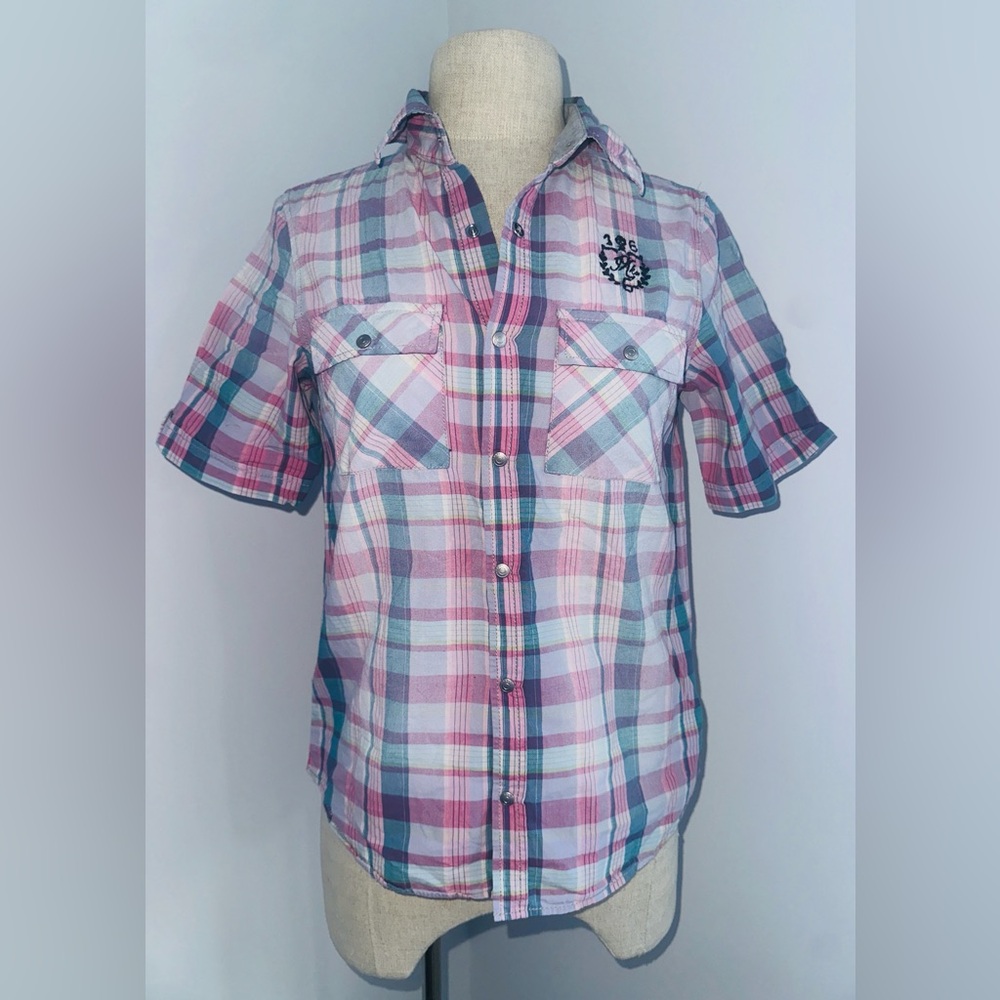 IKKS: Plaid Short Sleeve Button-Up Shirt